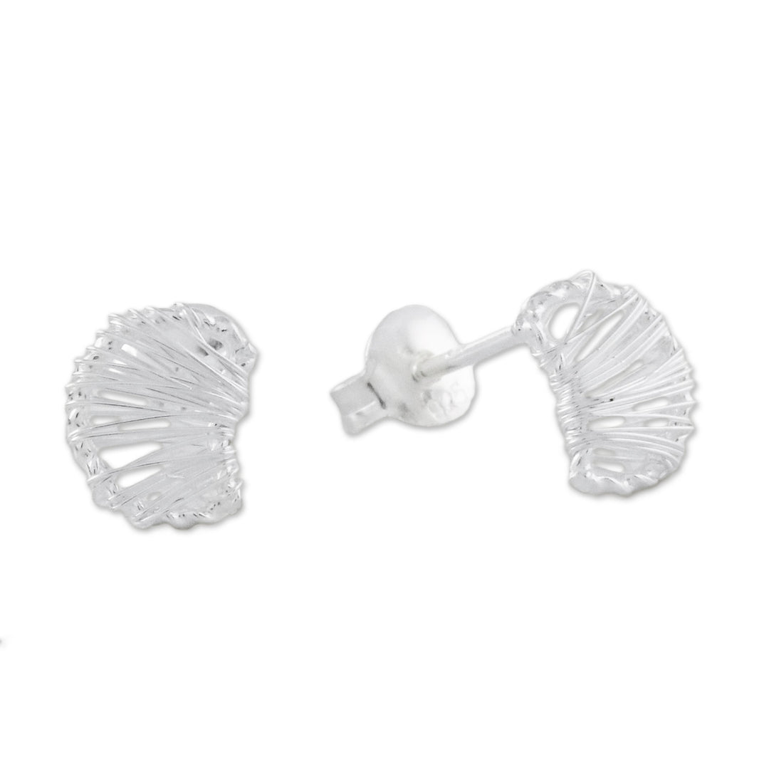 Thai Artisan Sterling Silver Wire Wrapped Moon Stud Earrings - Unseen Moons