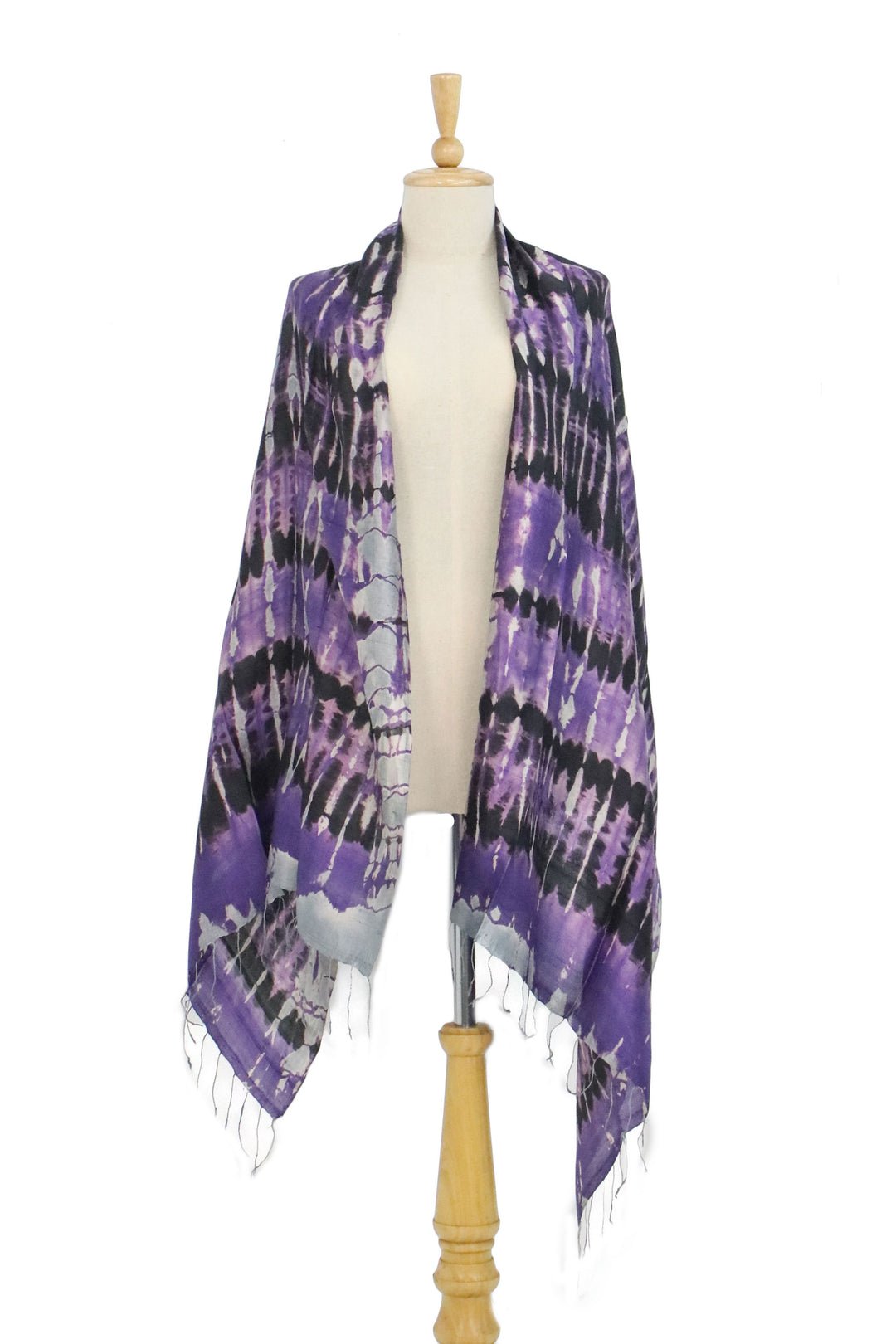 Handwoven Black and Purple Tie-Dye Silk Shawl from Thailand - Purple Monarch
