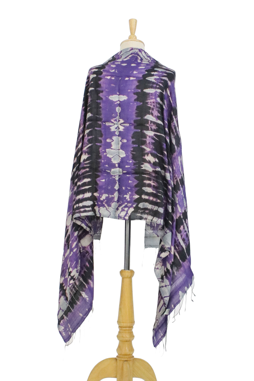 Handwoven Black and Purple Tie-Dye Silk Shawl from Thailand - Purple Monarch