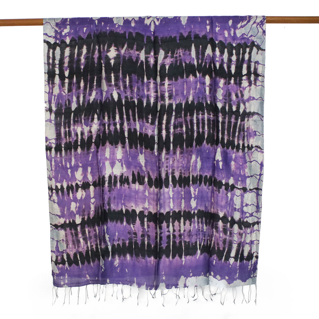 Handwoven Black and Purple Tie-Dye Silk Shawl from Thailand - Purple Monarch