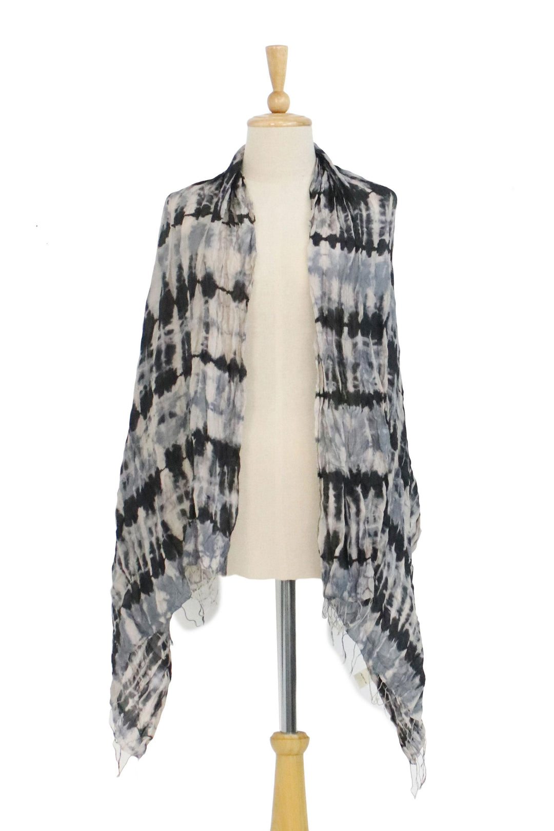 Handwoven Black and Grey Tie-Dye Silk Shawl from Thailand - Monochrome Monarch