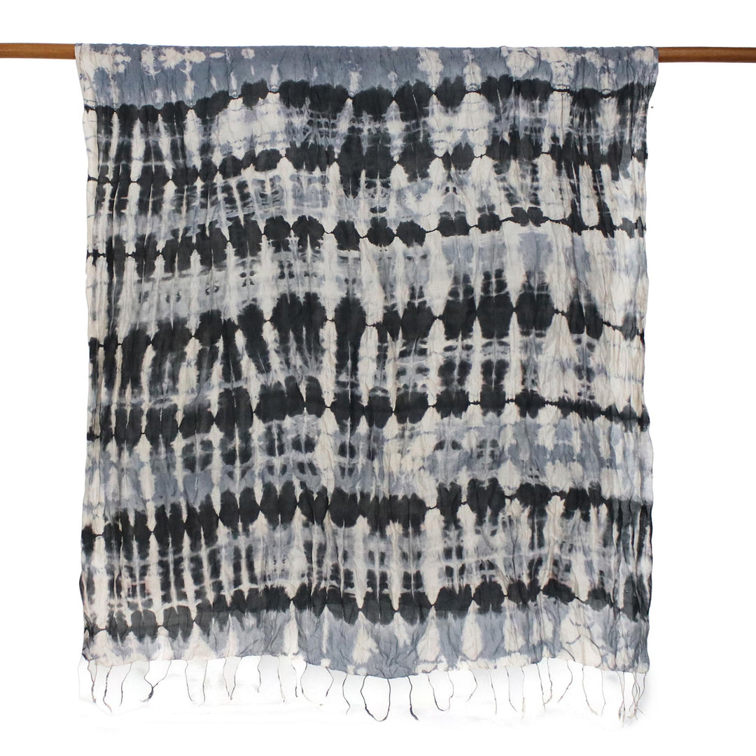 Handwoven Black and Grey Tie-Dye Silk Shawl from Thailand - Monochrome Monarch