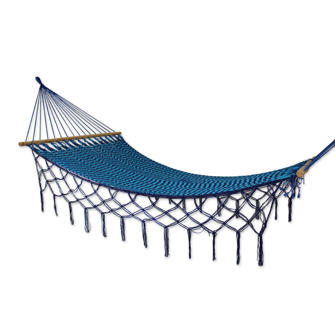 Single Blue and Turquoise Hand Woven Hammock from Mexico - Sea and Sky