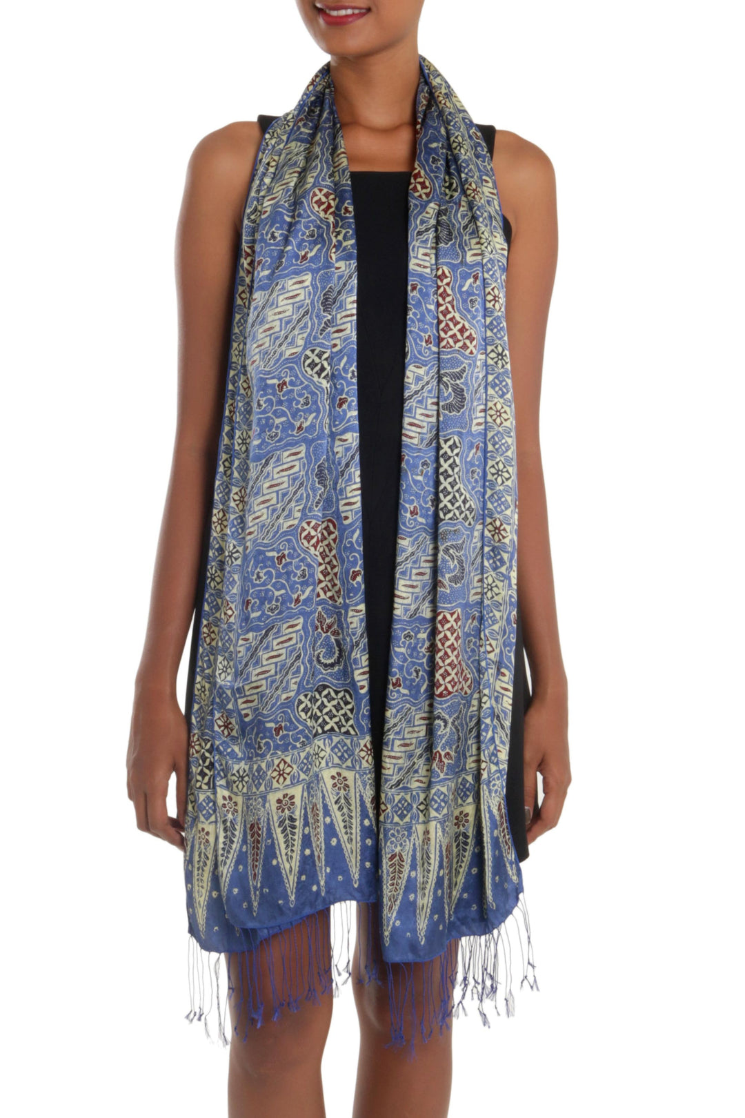 Batik Silk Shawl with Traditional Motifs in Iris from Bali - Iris Sekar Jagad