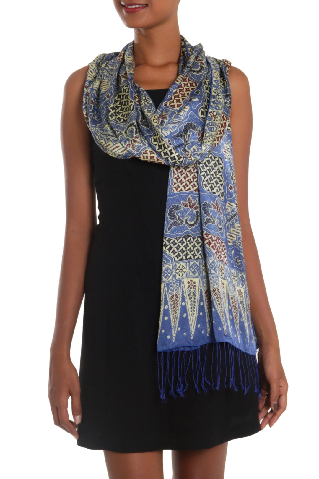 Batik Silk Shawl with Traditional Motifs in Iris from Bali - Iris Sekar Jagad