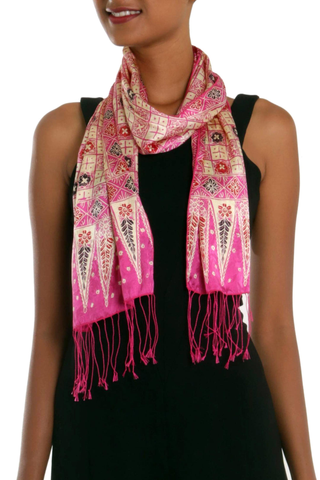 Batik Silk Scarf with Truntum Motifs in Azalea from Bali - Azalea Truntum