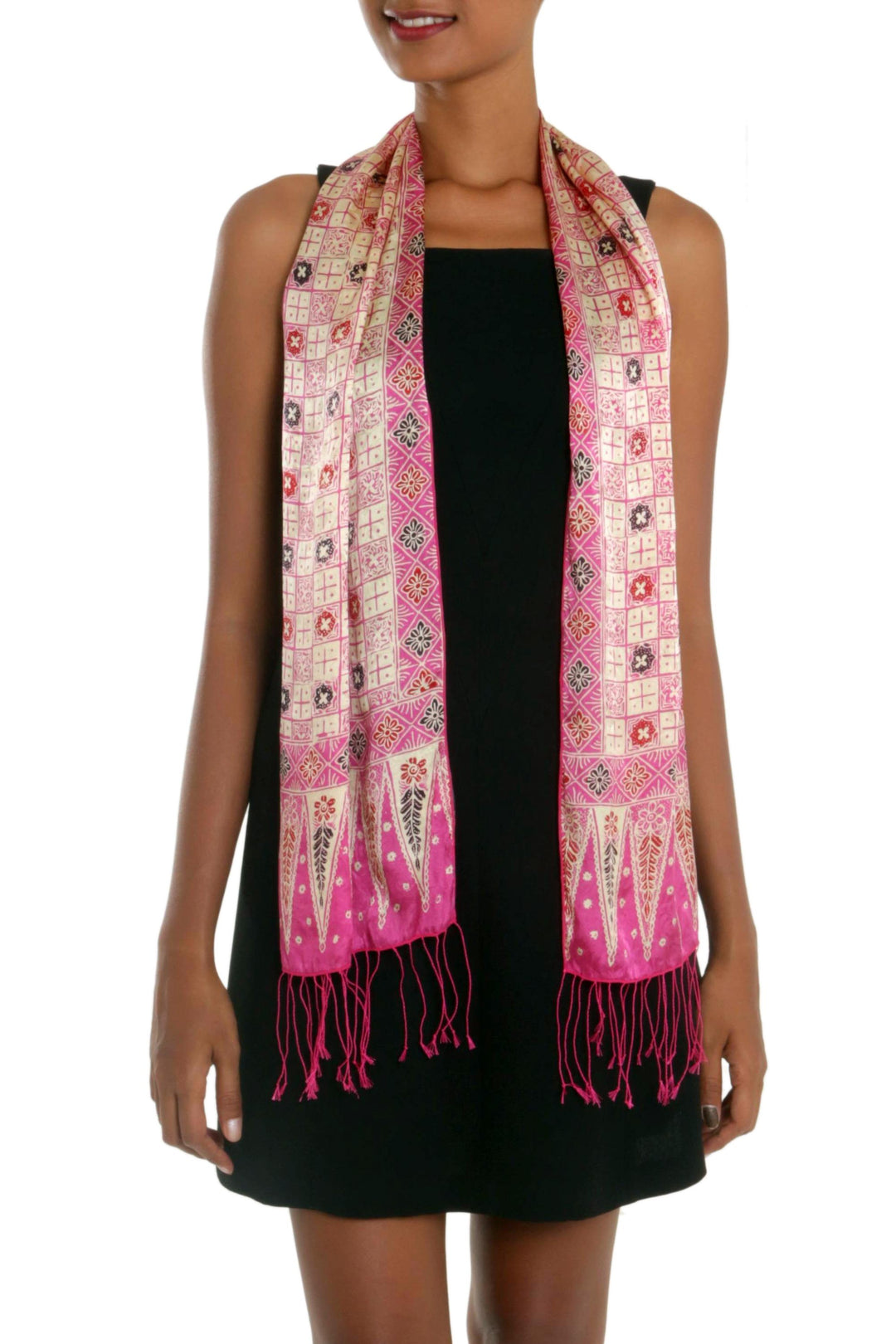 Batik Silk Scarf with Truntum Motifs in Azalea from Bali - Azalea Truntum