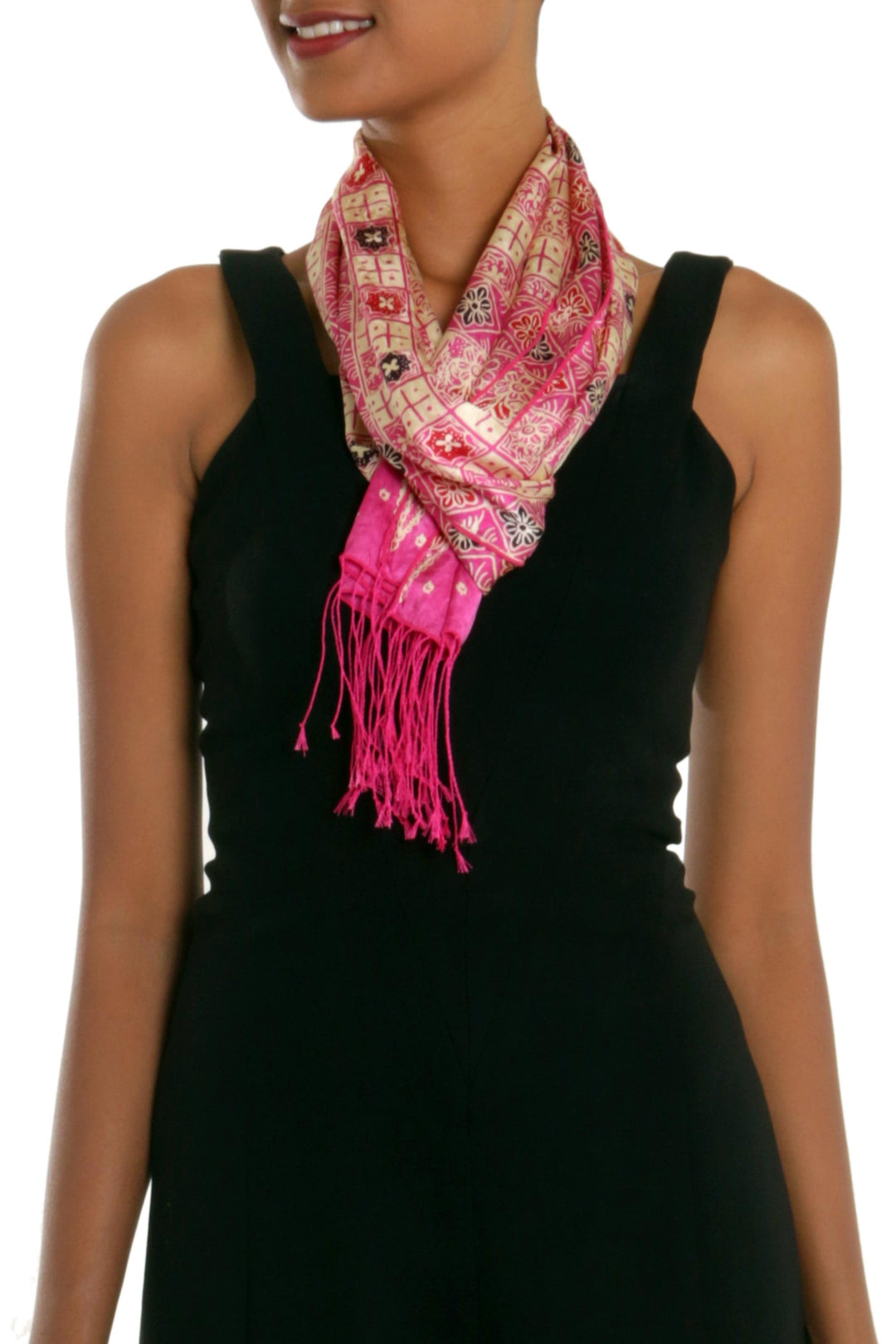 Batik Silk Scarf with Truntum Motifs in Azalea from Bali - Azalea Truntum