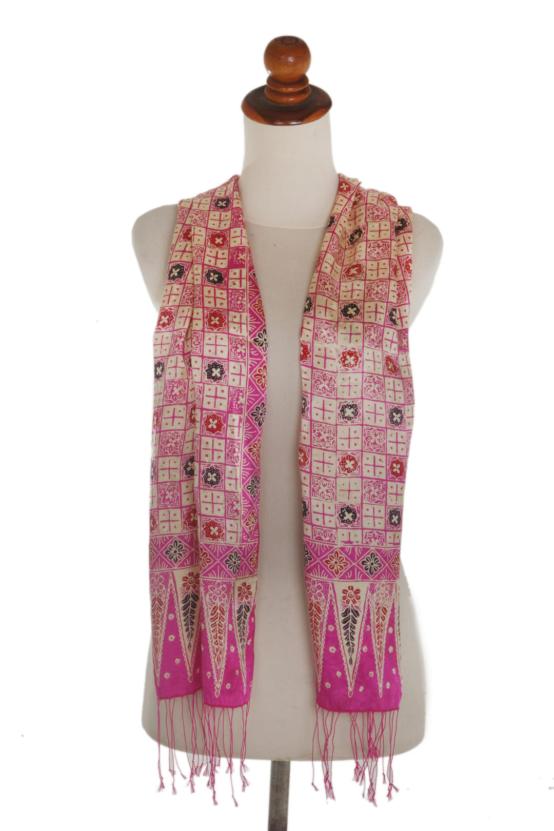 Batik Silk Scarf with Truntum Motifs in Azalea from Bali - Azalea Truntum