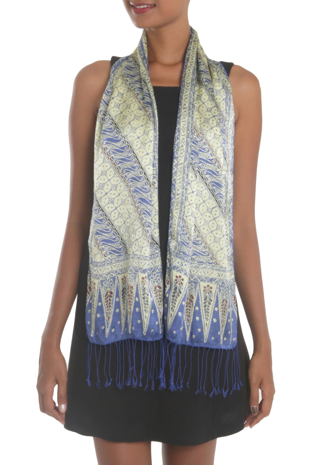 Batik Silk Scarf with Parang Motifs in Indigo from Bali - Parang World in Indigo