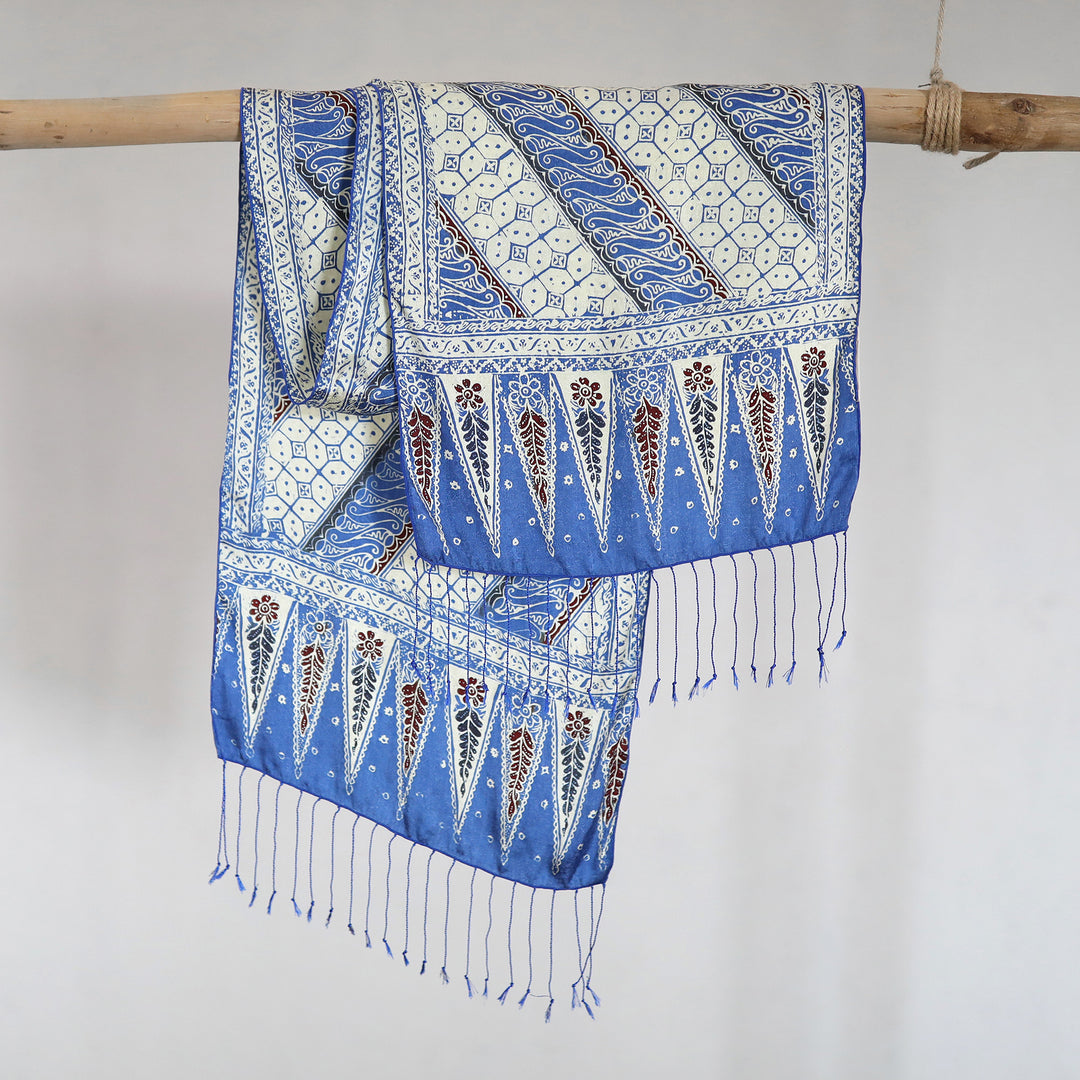 Batik Silk Scarf with Parang Motifs in Indigo from Bali - Parang World in Indigo