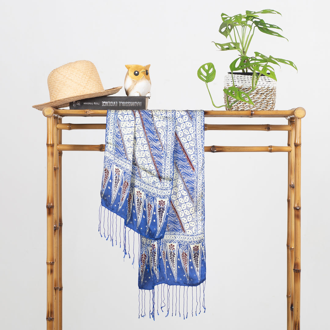 Batik Silk Scarf with Parang Motifs in Indigo from Bali - Parang World in Indigo