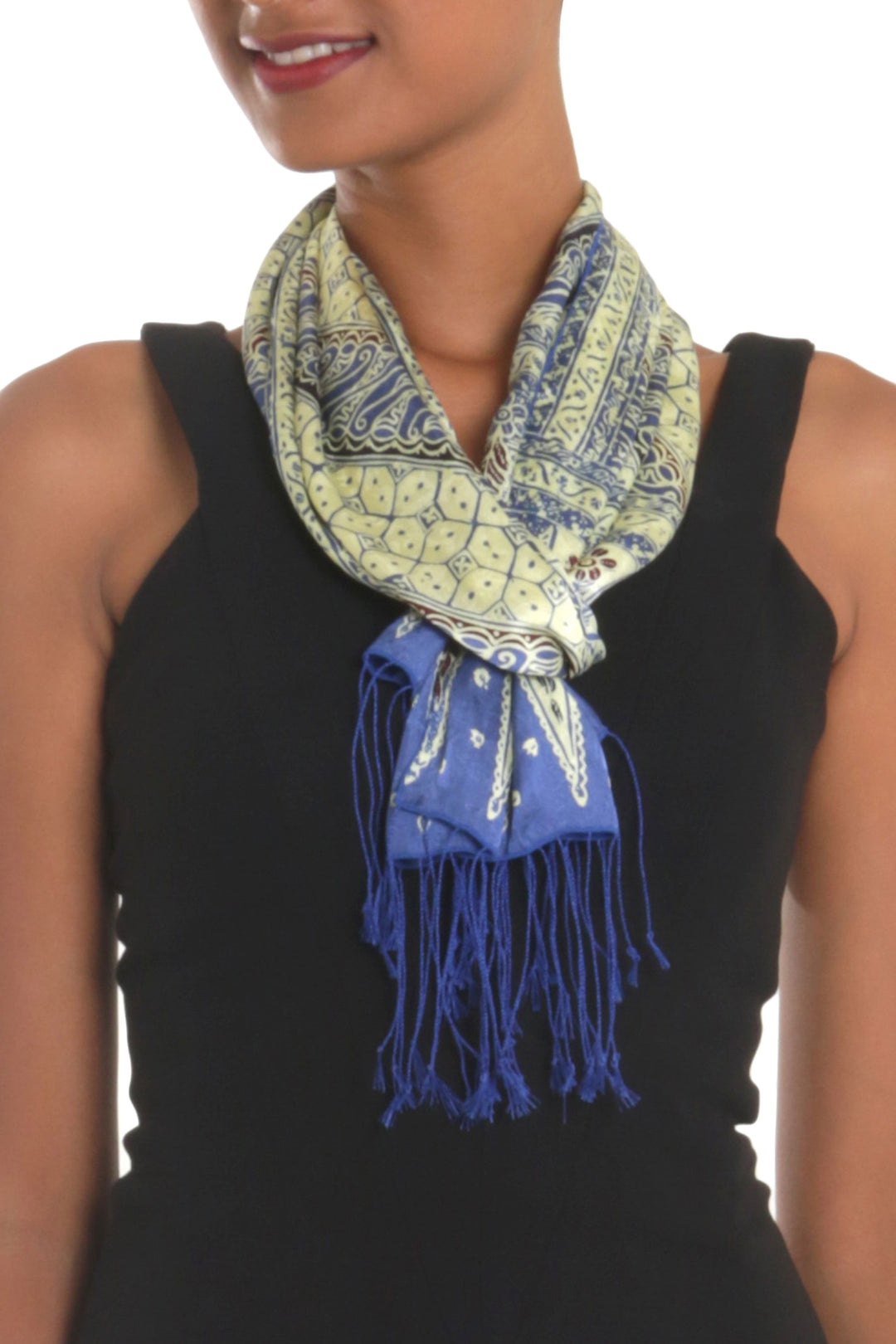 Batik Silk Scarf with Parang Motifs in Indigo from Bali - Parang World in Indigo