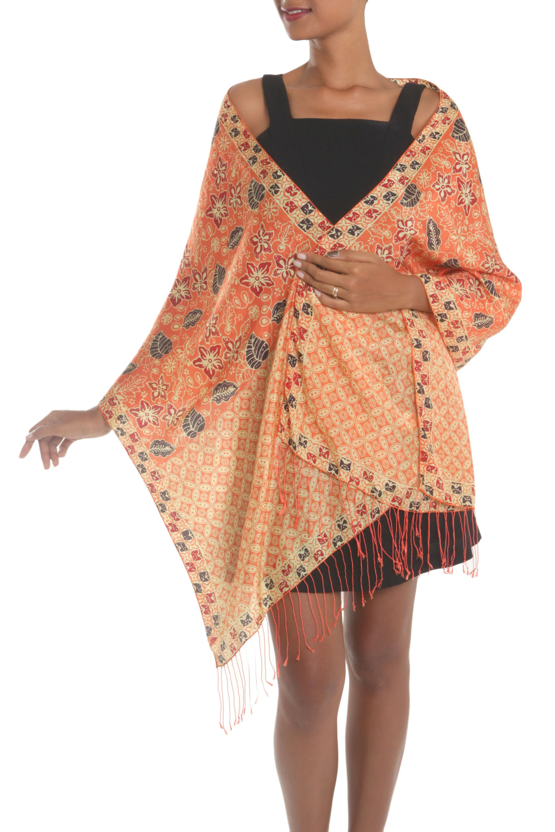 Batik Silk Shawl with Kawung Motifs in Sunrise from Bali - Kawung Plains in Sunrise