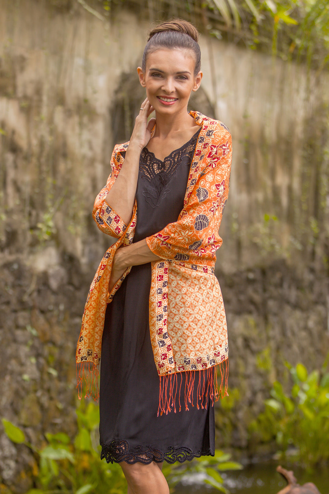 Batik Silk Shawl with Kawung Motifs in Sunrise from Bali - Kawung Plains in Sunrise