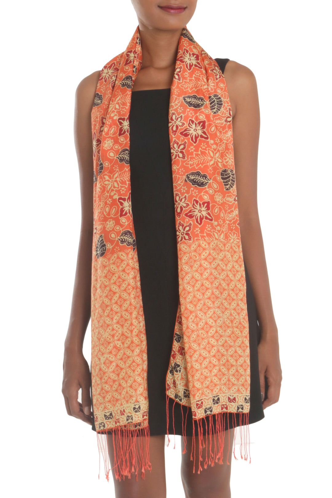 Batik Silk Shawl with Kawung Motifs in Sunrise from Bali - Kawung Plains in Sunrise