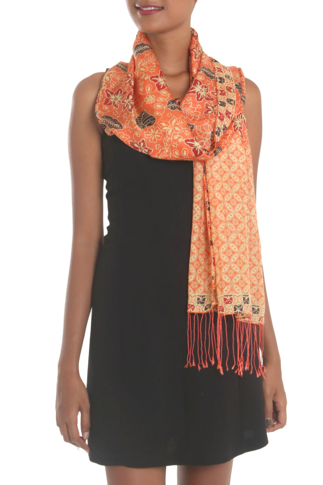 Batik Silk Shawl with Kawung Motifs in Sunrise from Bali - Kawung Plains in Sunrise