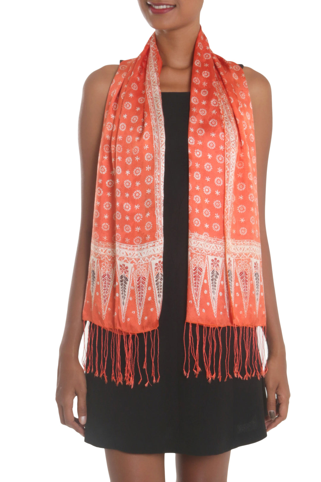 Batik Silk Shawl with Truntum Motifs in Tangerine from Bali - Truntum Majesty