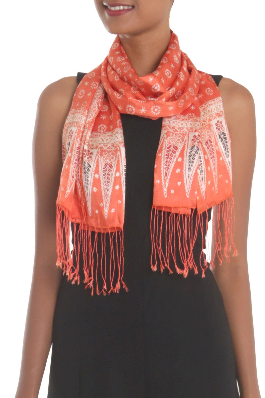 Batik Silk Shawl with Truntum Motifs in Tangerine from Bali - Truntum Majesty