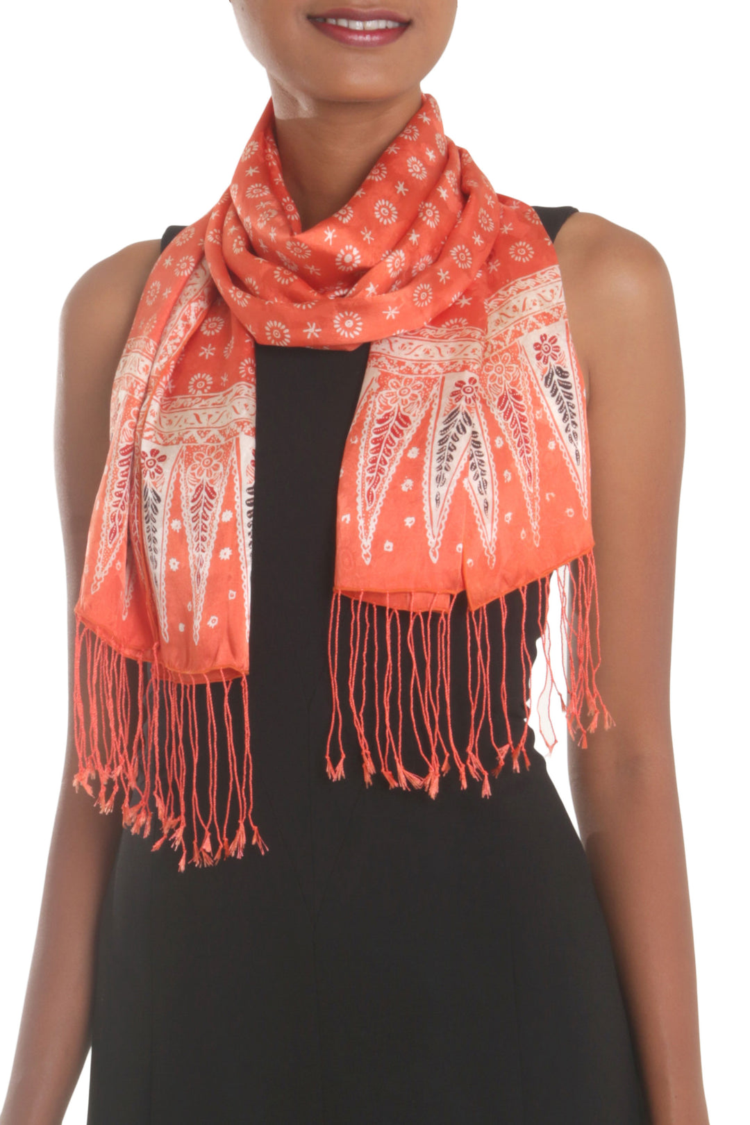 Batik Silk Shawl with Truntum Motifs in Tangerine from Bali - Truntum Majesty
