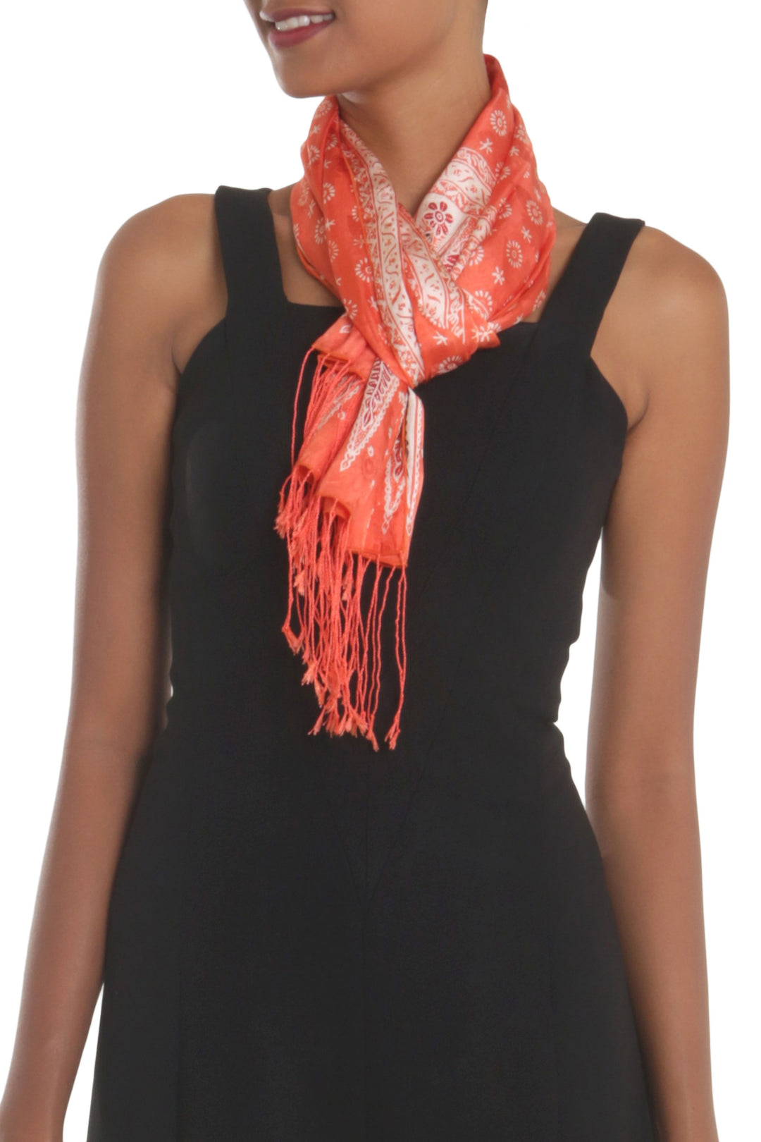 Batik Silk Shawl with Truntum Motifs in Tangerine from Bali - Truntum Majesty