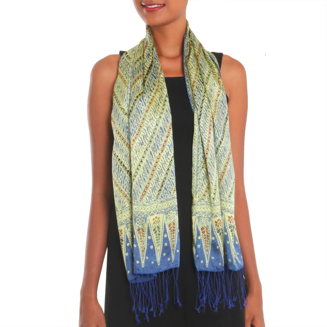 Batik Silk Scarf with Parang Motifs in Chartreuse from Bali - Parang Majesty