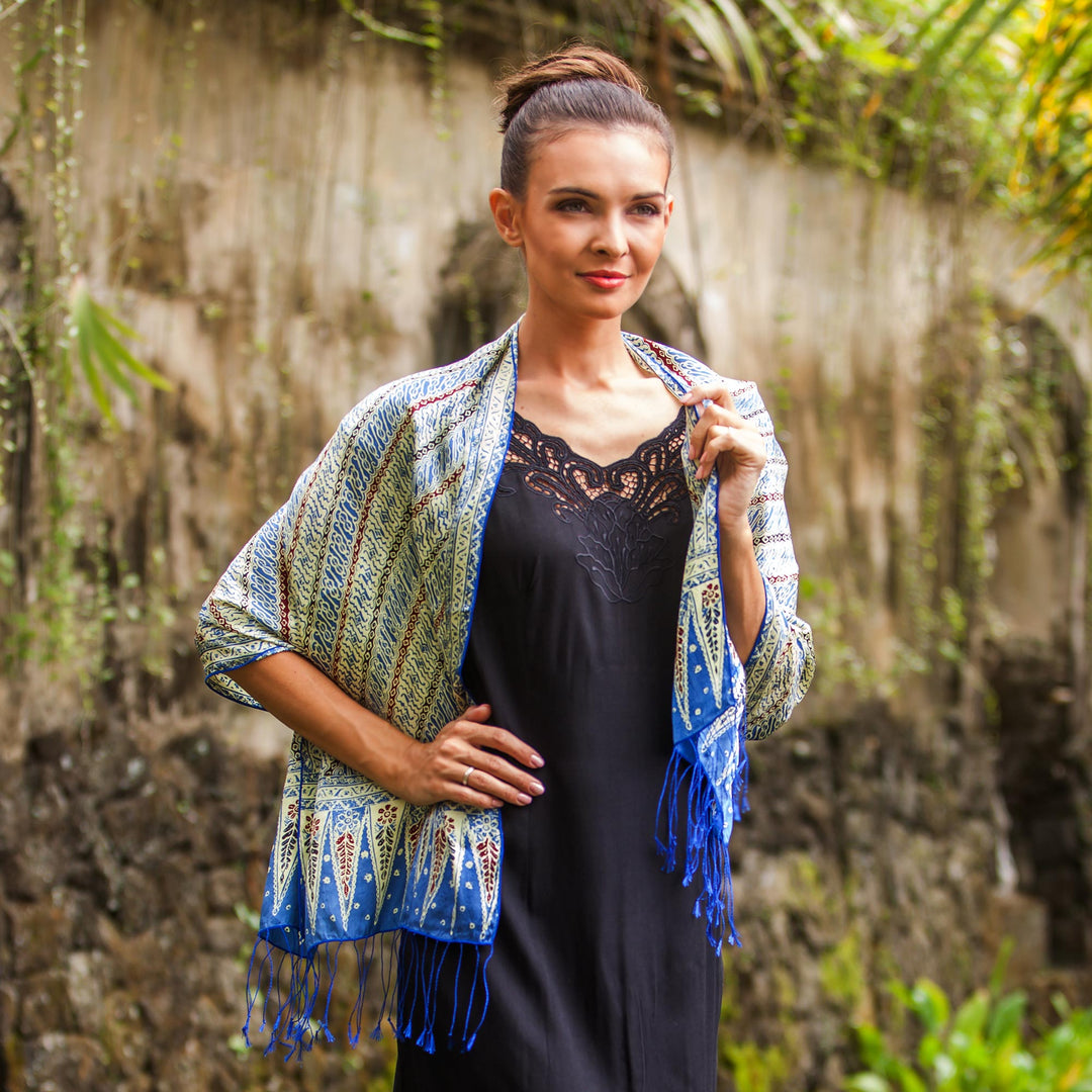 Batik Silk Scarf with Parang Motifs in Chartreuse from Bali - Parang Majesty