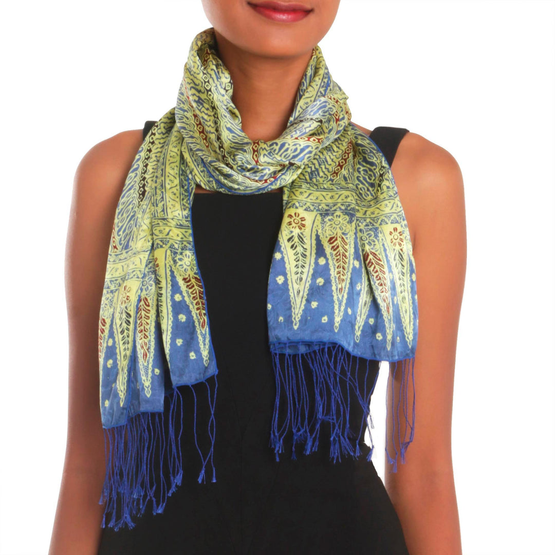 Batik Silk Scarf with Parang Motifs in Chartreuse from Bali - Parang Majesty