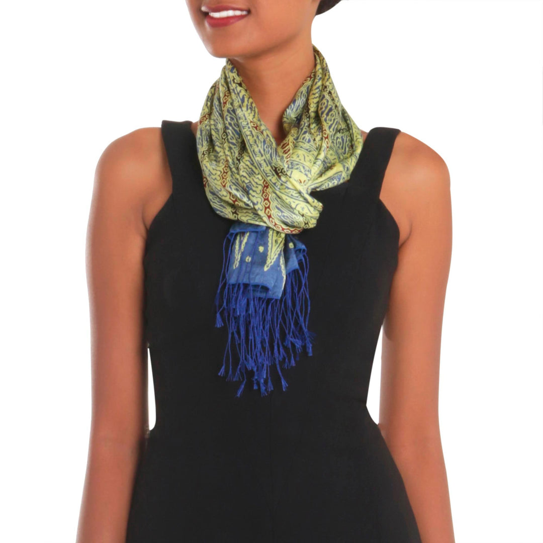 Batik Silk Scarf with Parang Motifs in Chartreuse from Bali - Parang Majesty