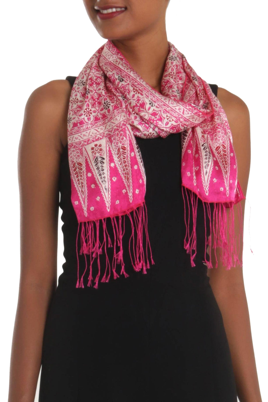 Batik Silk Scarf with Truntum Motifs in Fuchsia from Bali - Truntum World in Fuchsia
