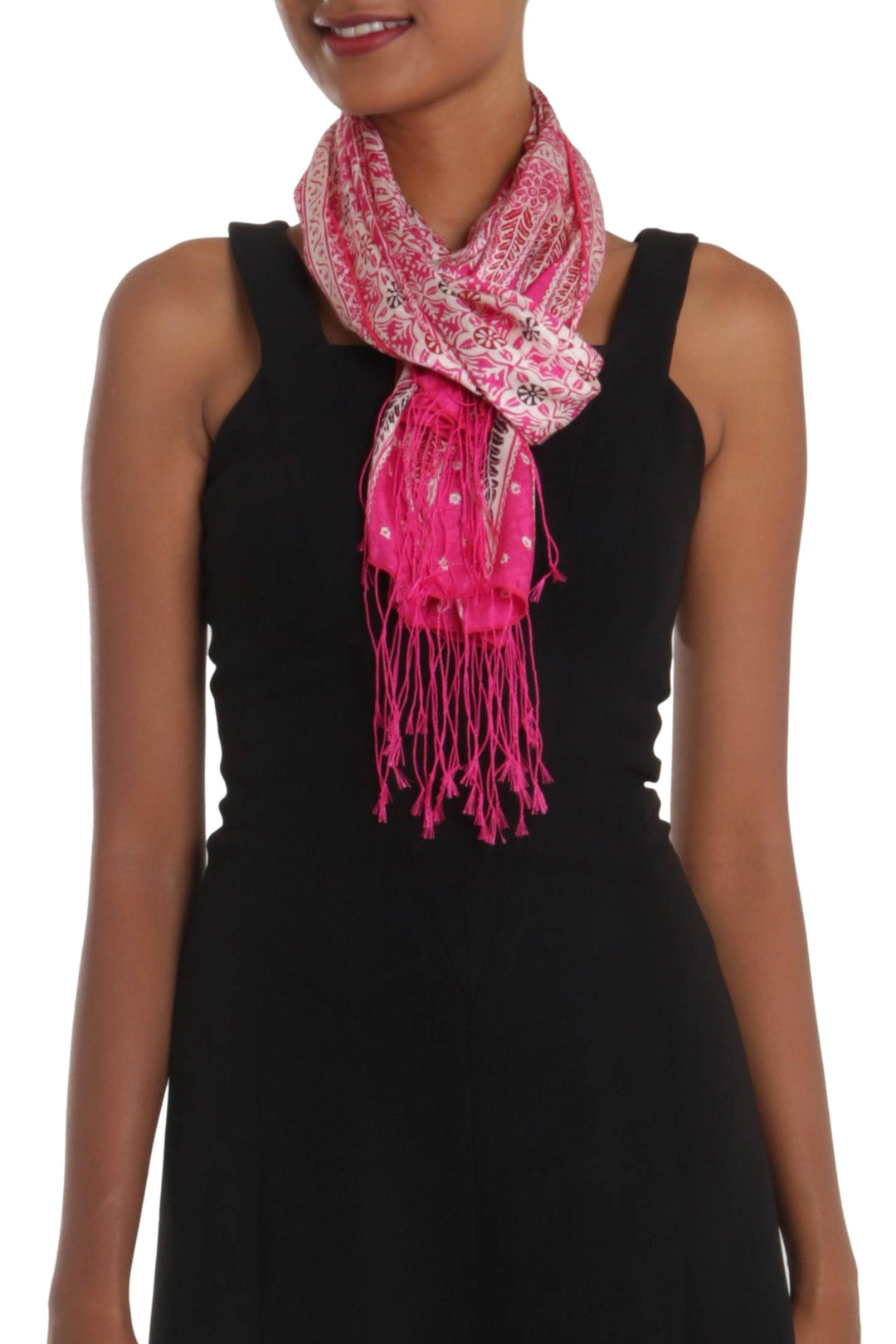 Batik Silk Scarf with Truntum Motifs in Fuchsia from Bali - Truntum World in Fuchsia