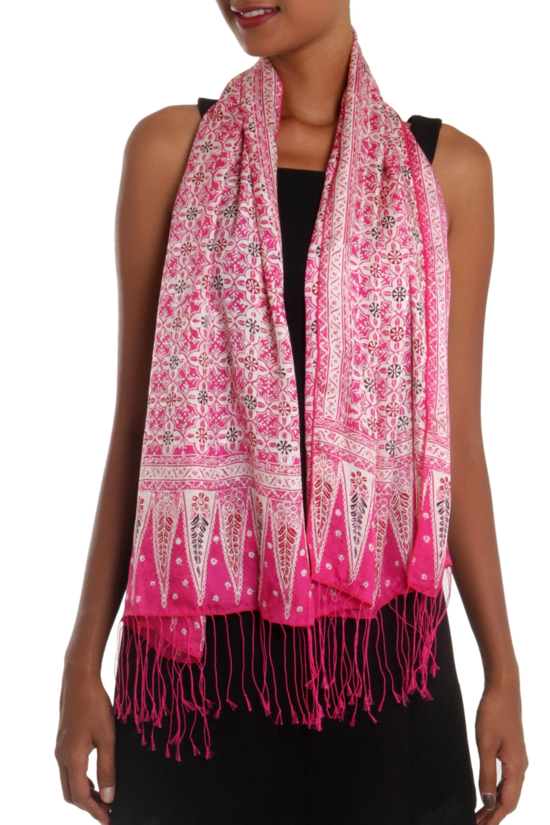 Batik Silk Scarf with Truntum Motifs in Fuchsia from Bali - Truntum World in Fuchsia