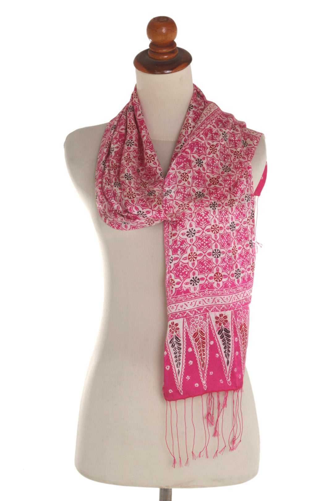 Batik Silk Scarf with Truntum Motifs in Fuchsia from Bali - Truntum World in Fuchsia