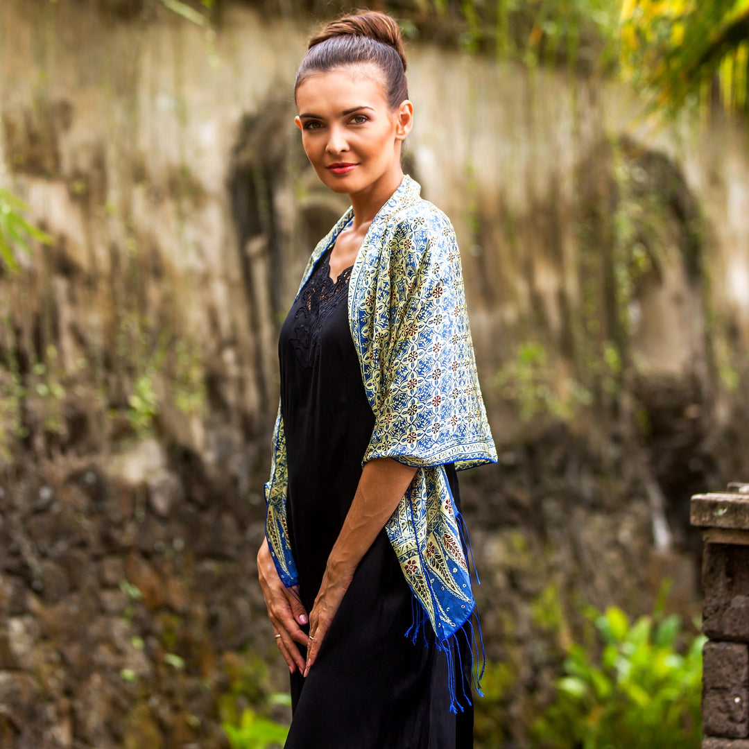 Batik Silk Scarf with Floral Motifs in Chartreuse from Bali - Truntum World in Chartreuse