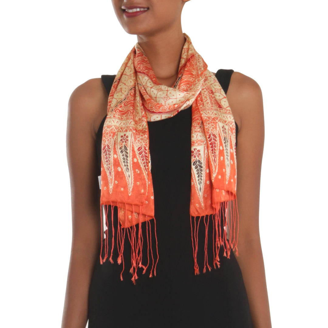 Batik Silk Scarf with Parang Motifs in Mandarin from Bali - Parang World in Mandarin