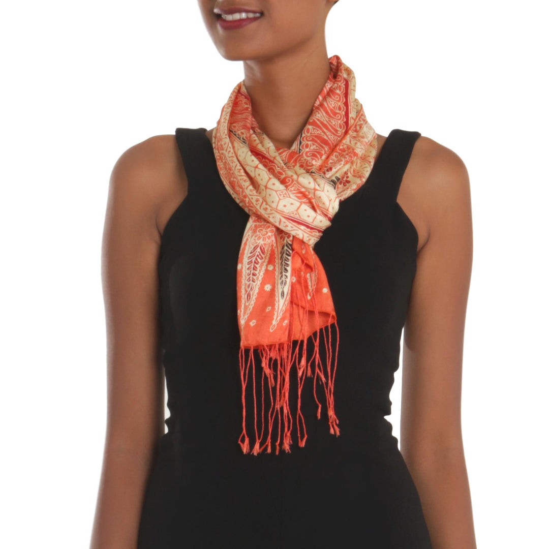 Batik Silk Scarf with Parang Motifs in Mandarin from Bali - Parang World in Mandarin