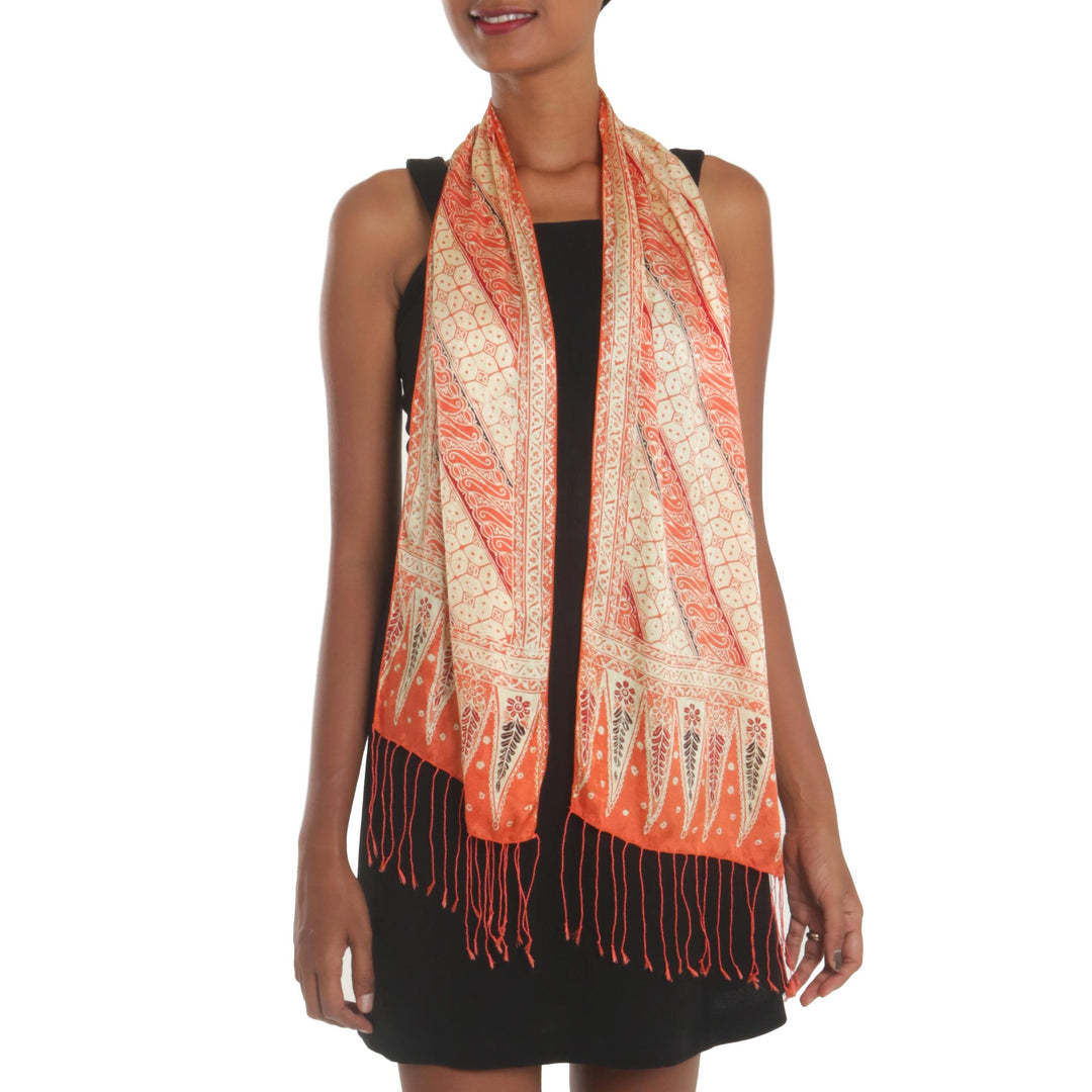 Batik Silk Scarf with Parang Motifs in Mandarin from Bali - Parang World in Mandarin