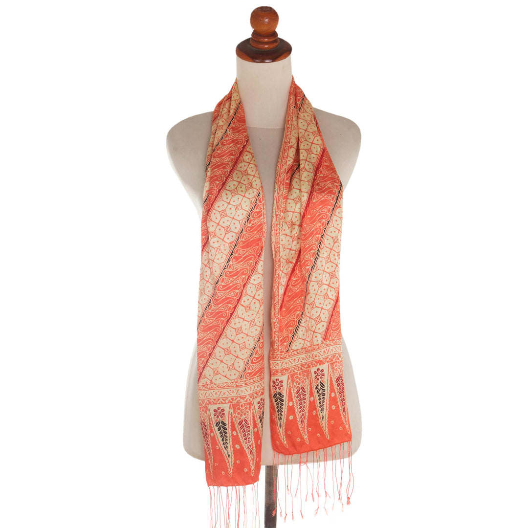 Batik Silk Scarf with Parang Motifs in Mandarin from Bali - Parang World in Mandarin