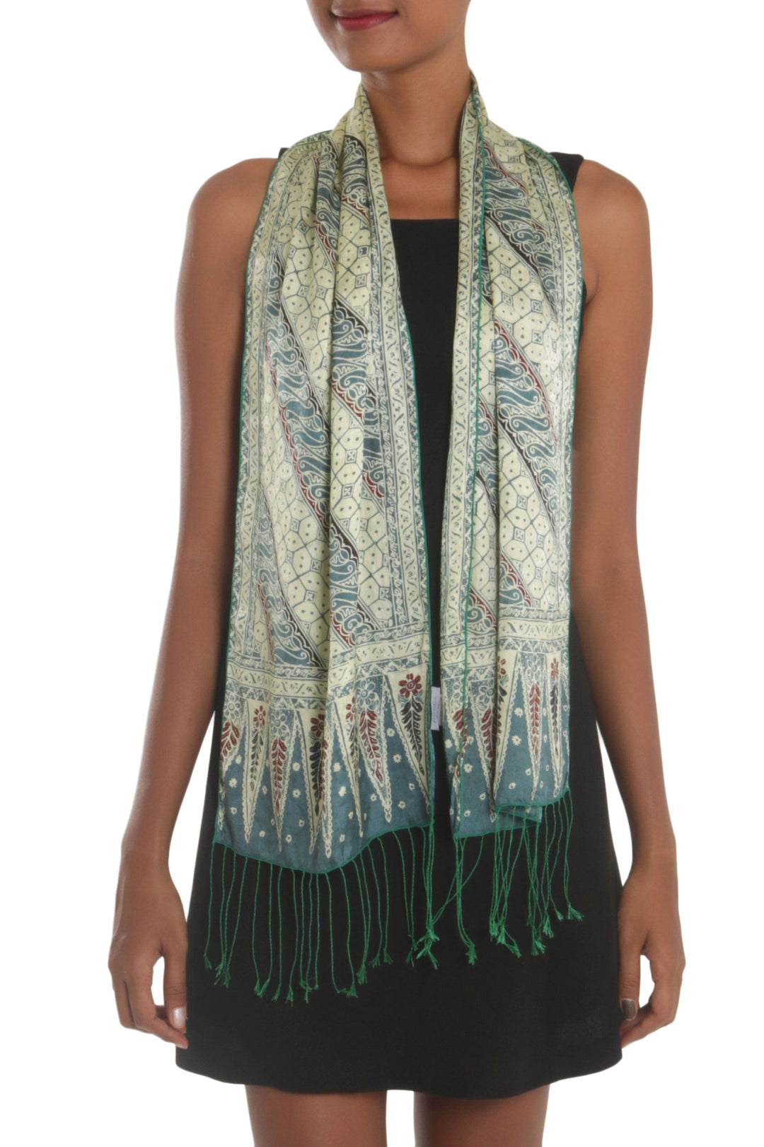 Batik Silk Scarf with Parang Motifs in Moss from Bali - Parang World in Moss