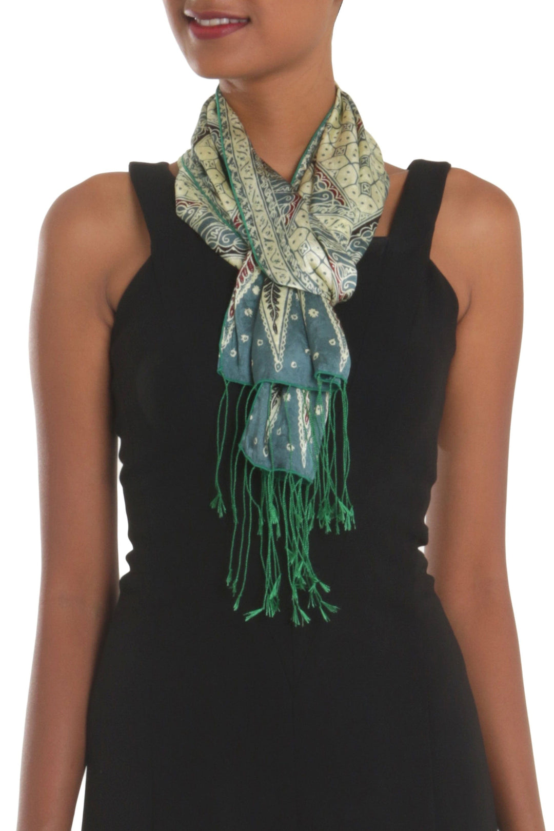 Batik Silk Scarf with Parang Motifs in Moss from Bali - Parang World in Moss