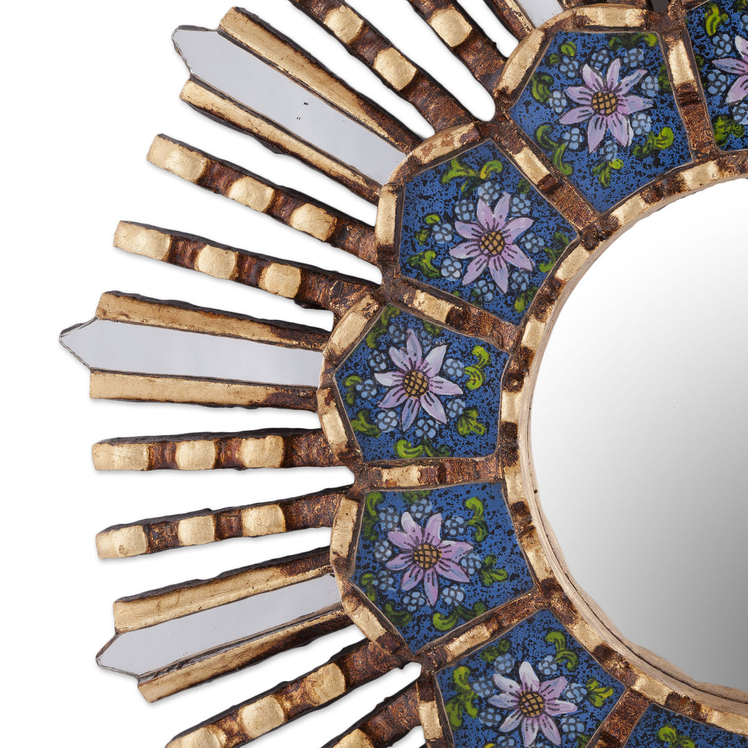 Floral Reverse Painted Glass and Wood Wall Mirror - Cuzco Blue