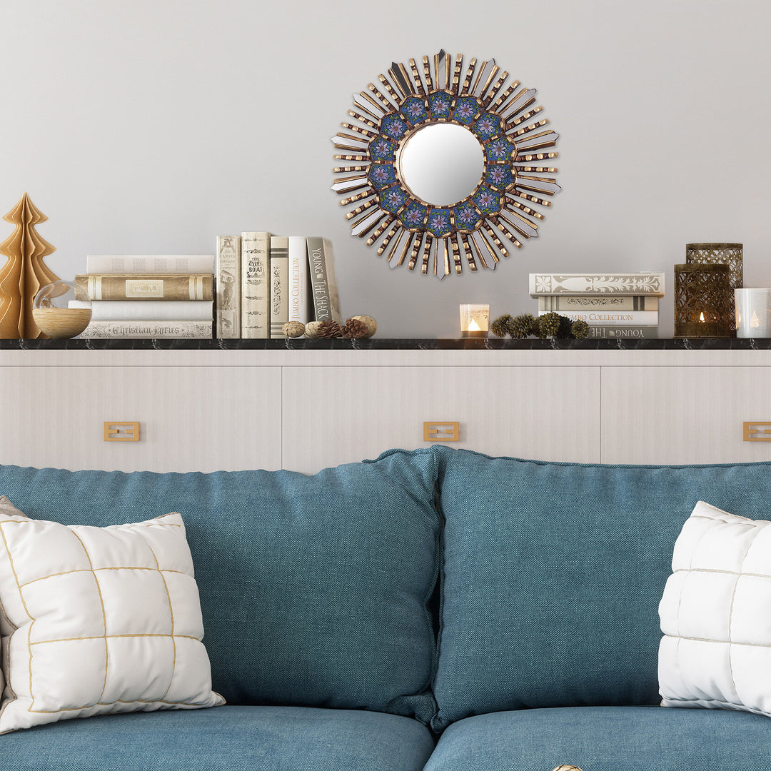 Floral Reverse Painted Glass and Wood Wall Mirror - Cuzco Blue