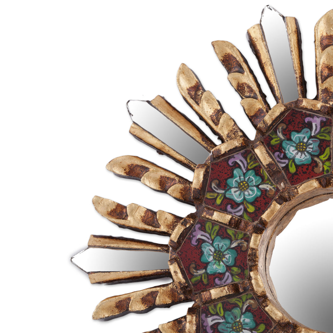 Small Round Reverse Painted Glass and Wood Mirror - Cuzco Garden