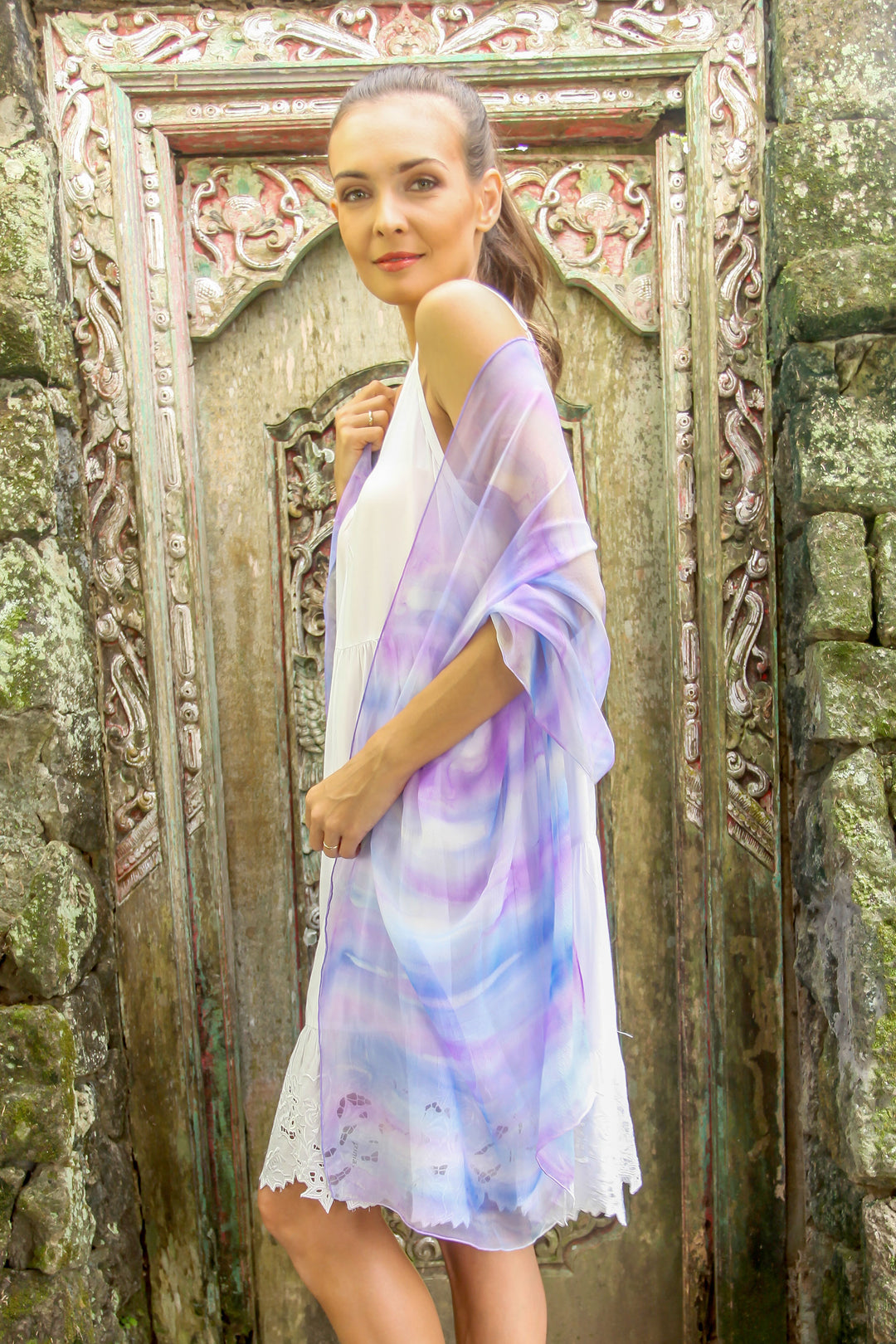 Hand-Painted Silk Shawl in Amethyst and Teal from India - Mystifying Beauty in Plum