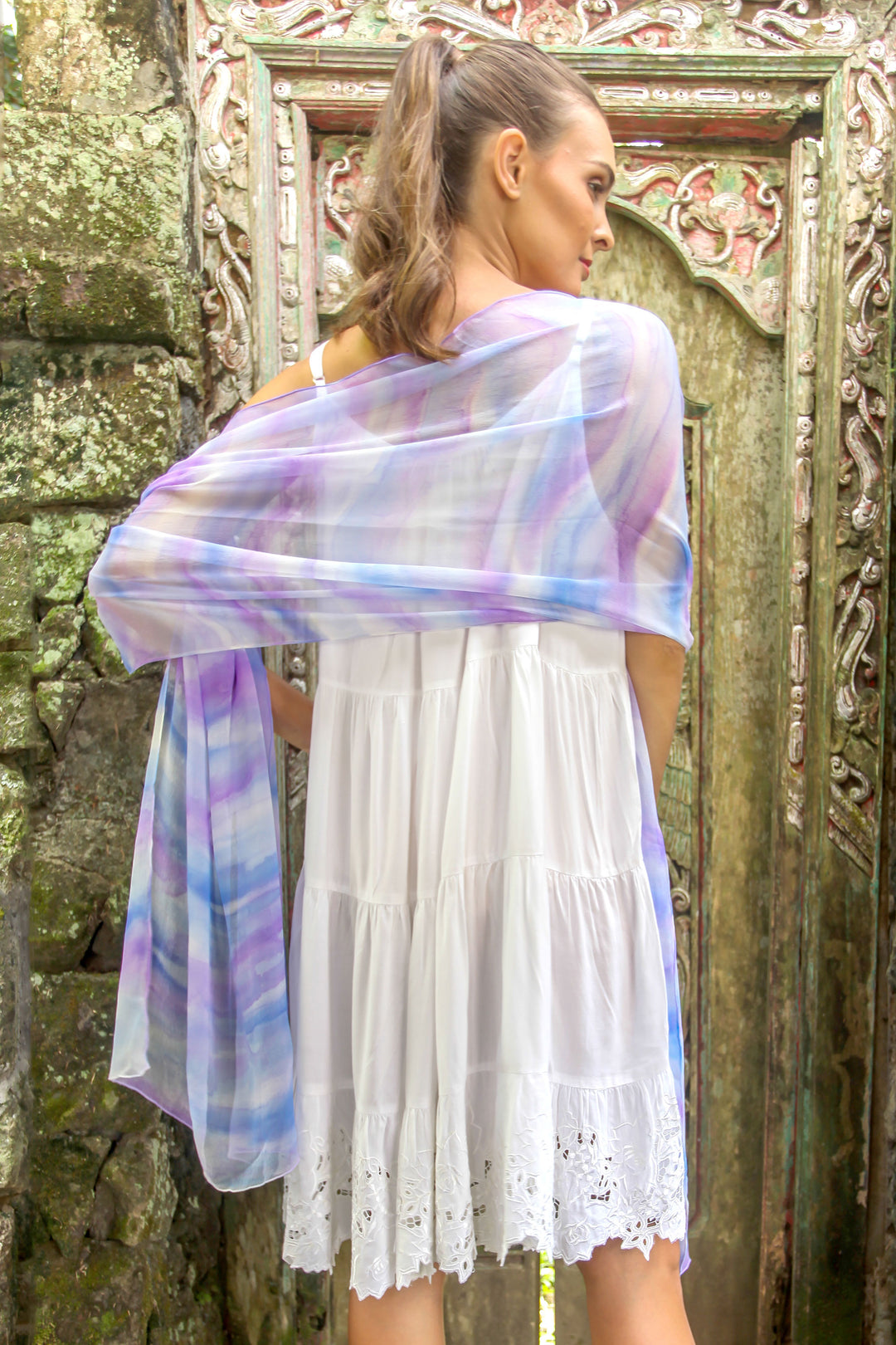 Hand-Painted Silk Shawl in Amethyst and Teal from India - Mystifying Beauty in Plum
