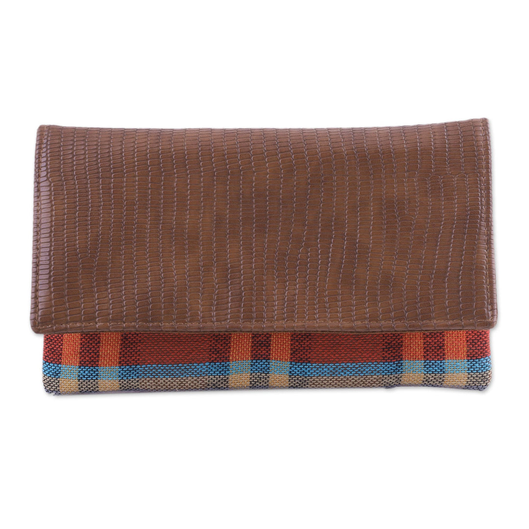 Leather Accent Cotton Clutch with Checks from India - Vibrant Checks