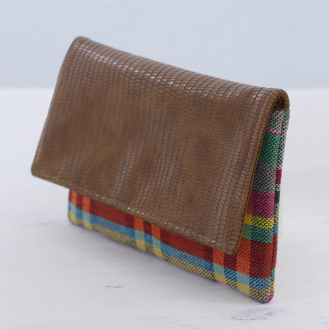 Leather Accent Cotton Clutch with Checks from India - Vibrant Checks