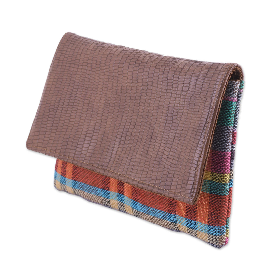 Leather Accent Cotton Clutch with Checks from India - Vibrant Checks