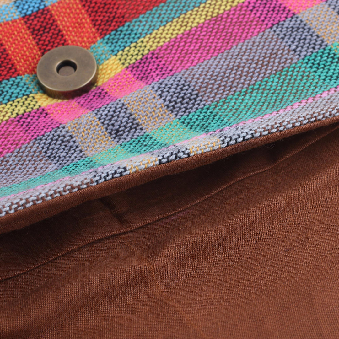 Leather Accent Cotton Clutch with Checks from India - Vibrant Checks