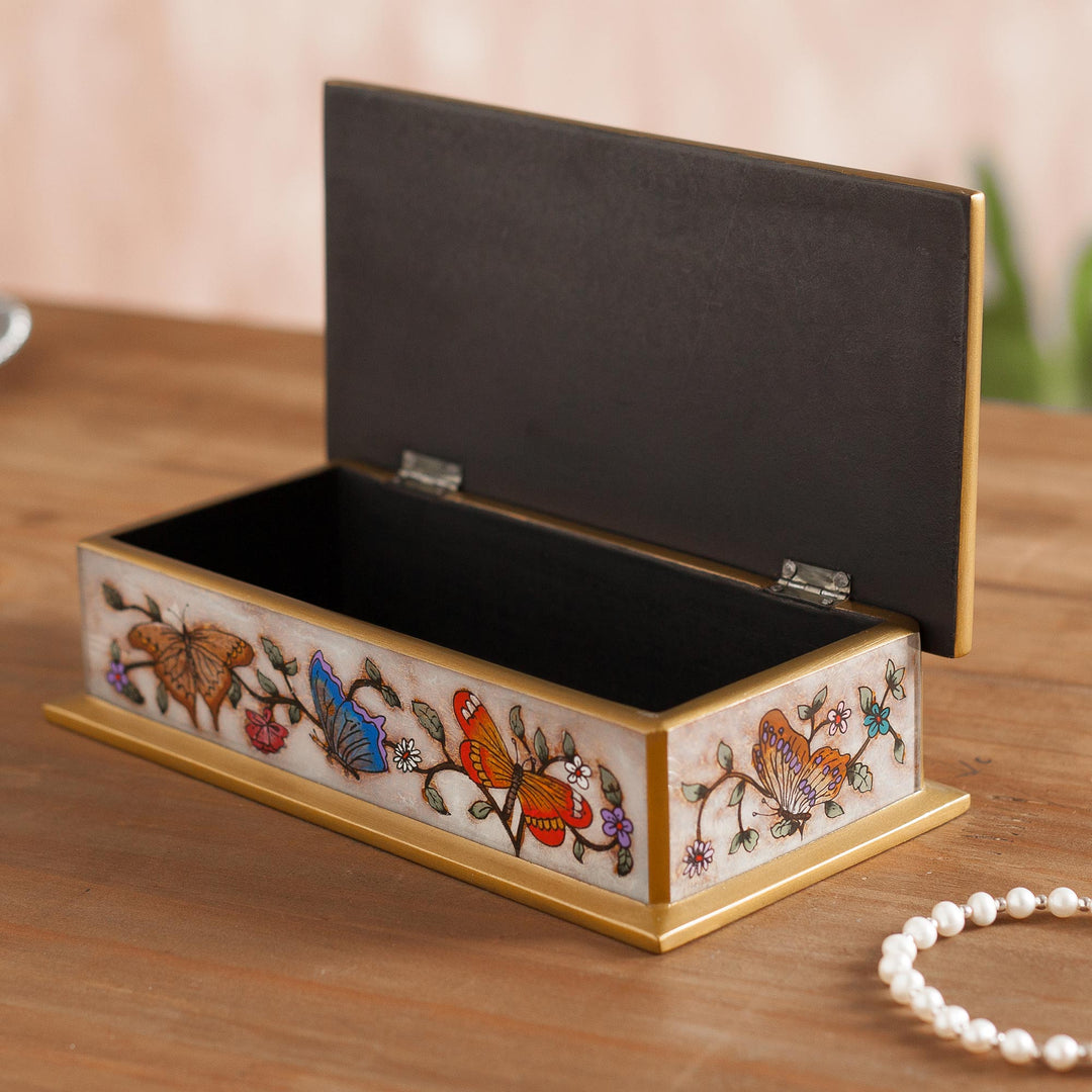 Reverse Painted Glass Butterfly Decorative Box in Off White - Butterfly Jubilee in Antique